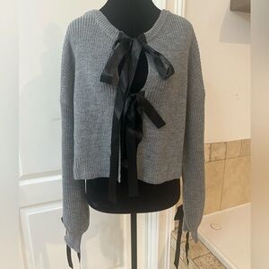 Gray Sweater with Black Ribbon Ties